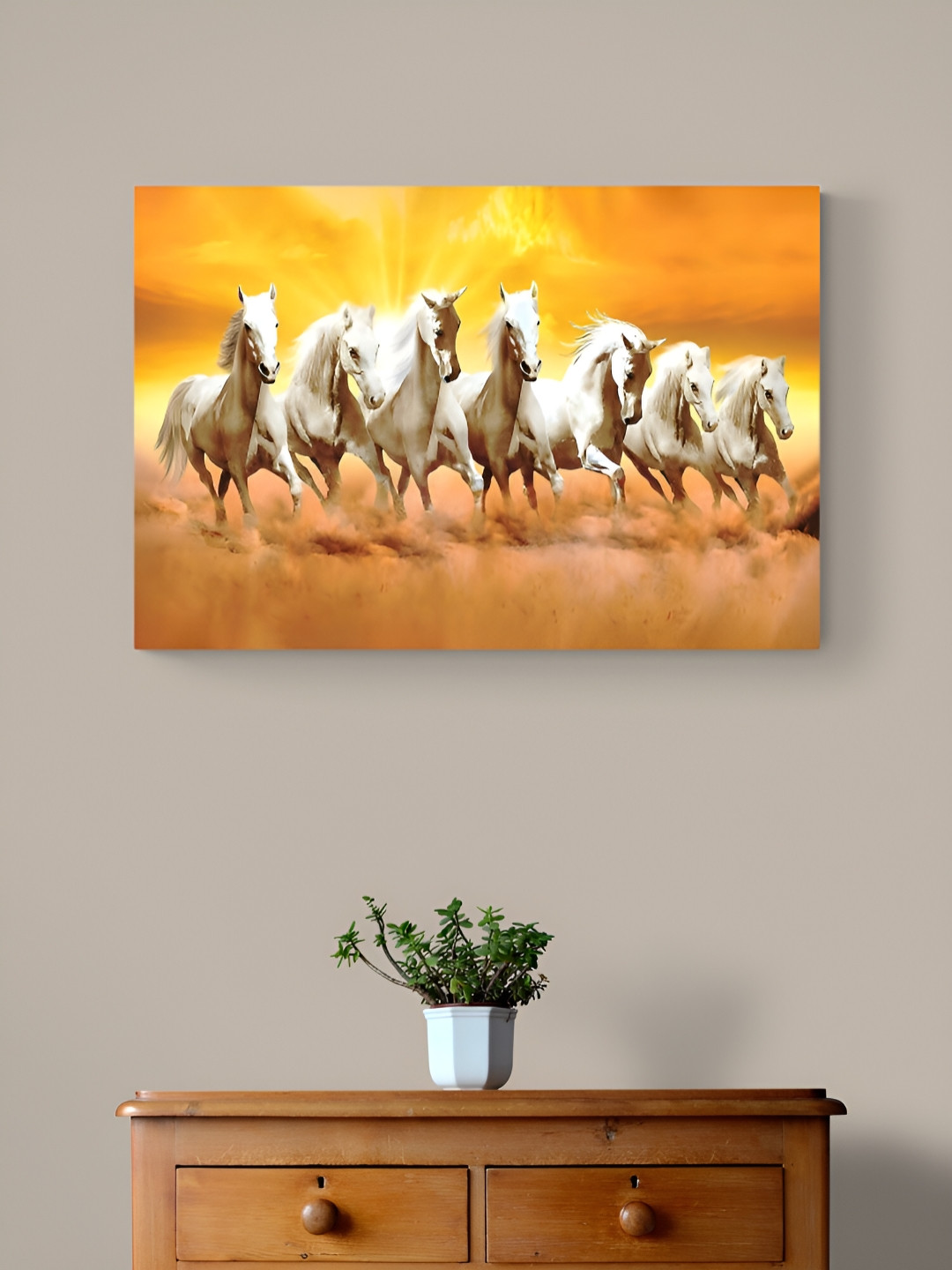 Tushaco Handicrafts Yellow & White 1 Piece Horse Canvas Wall Art