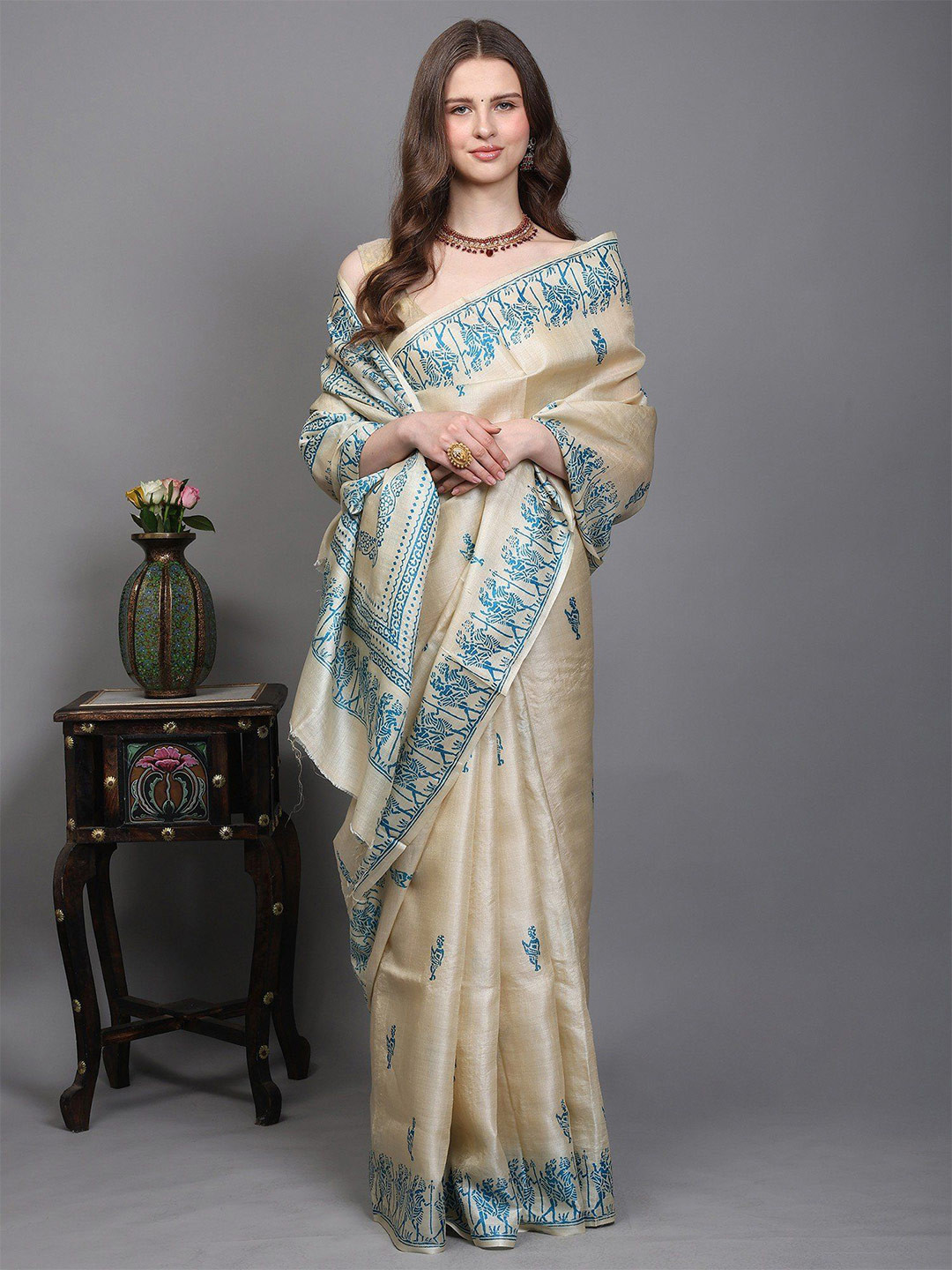 Exotic India Ethnic Motifs Block Printed Tussar Silk Tribal Drummer Figures Saree