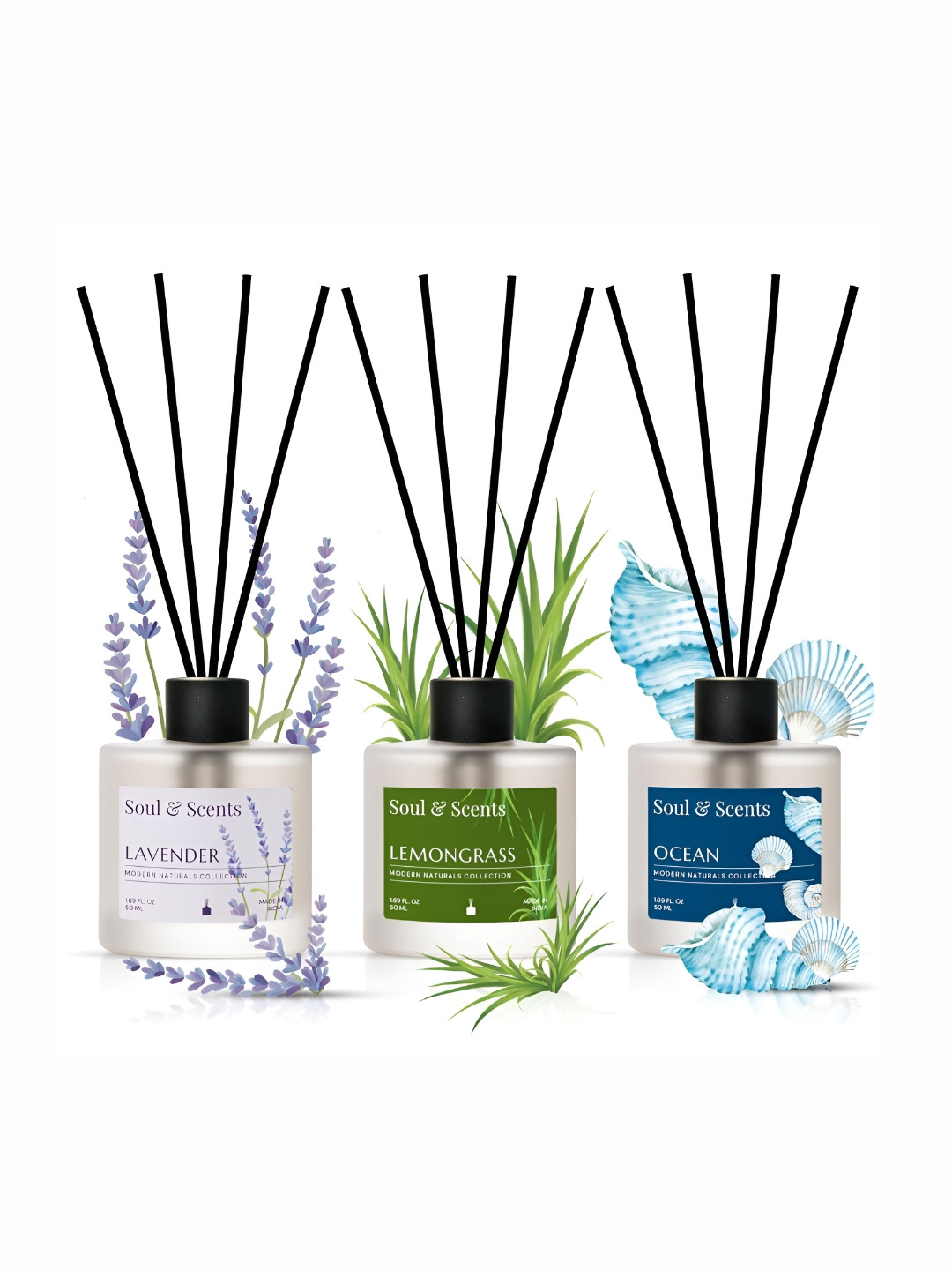 SOUL & SCENTS Pack Of 3  Lavender, Lemongrass, Ocean Reed Diffuser-50 ml