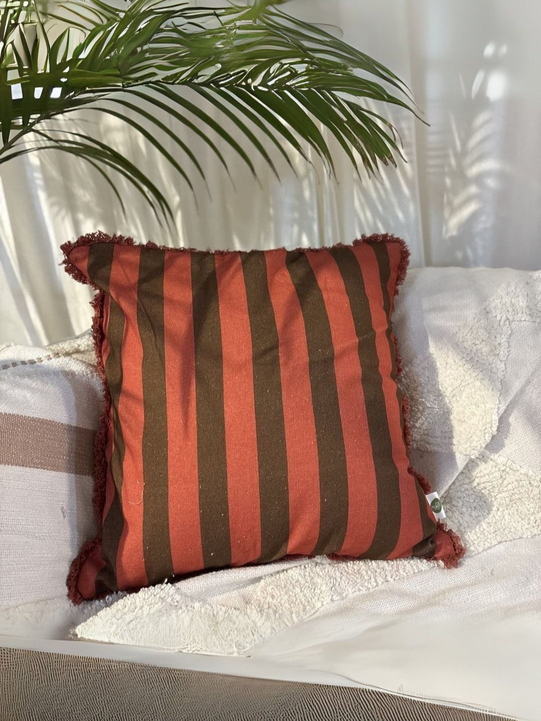LUSHLYF Rust & Brown Striped Pure Cotton Square Cushion Cover