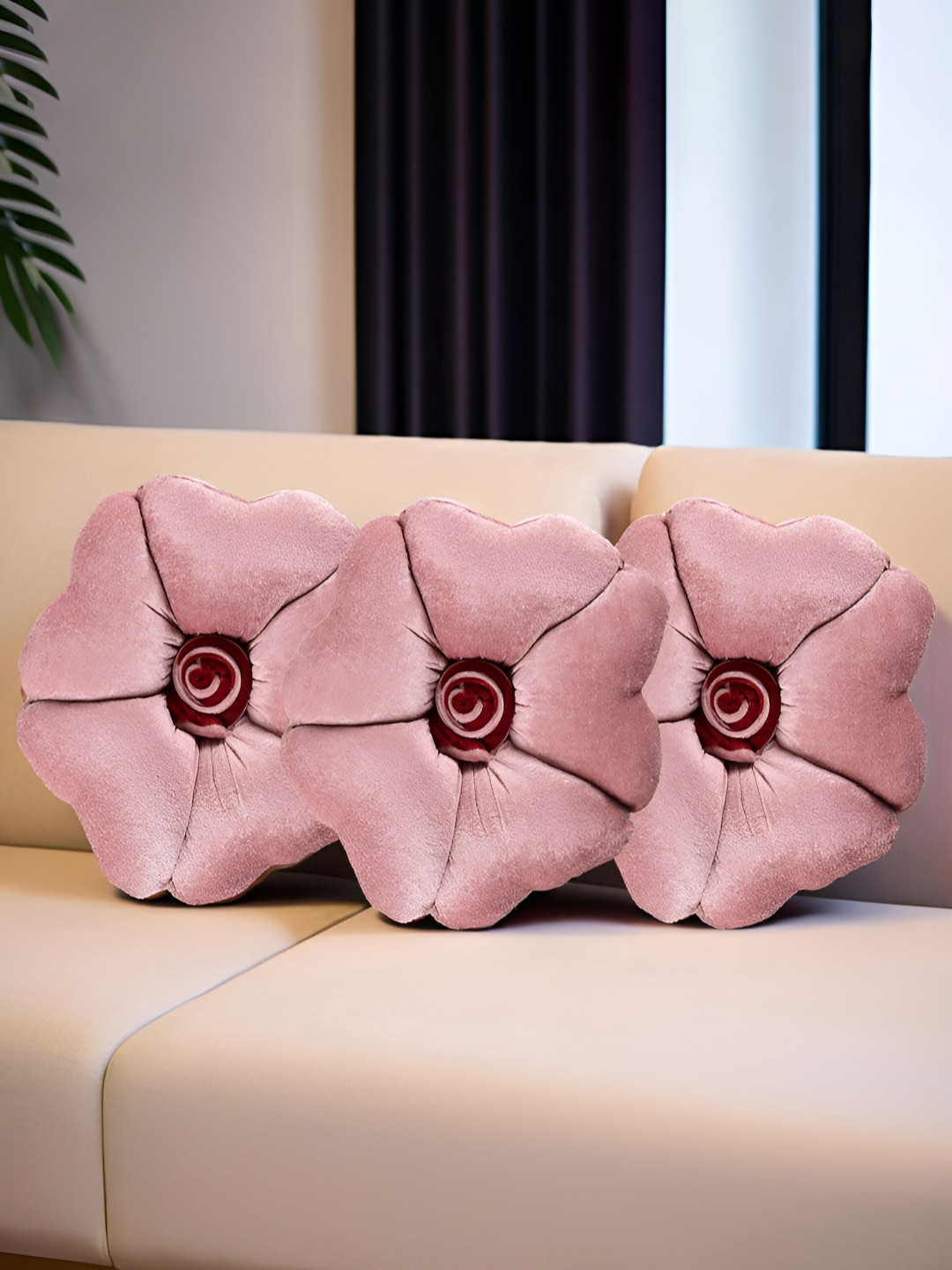 Kuber Industries Pink 3 Pieces Rose Shaped Pre-Filled Cushions