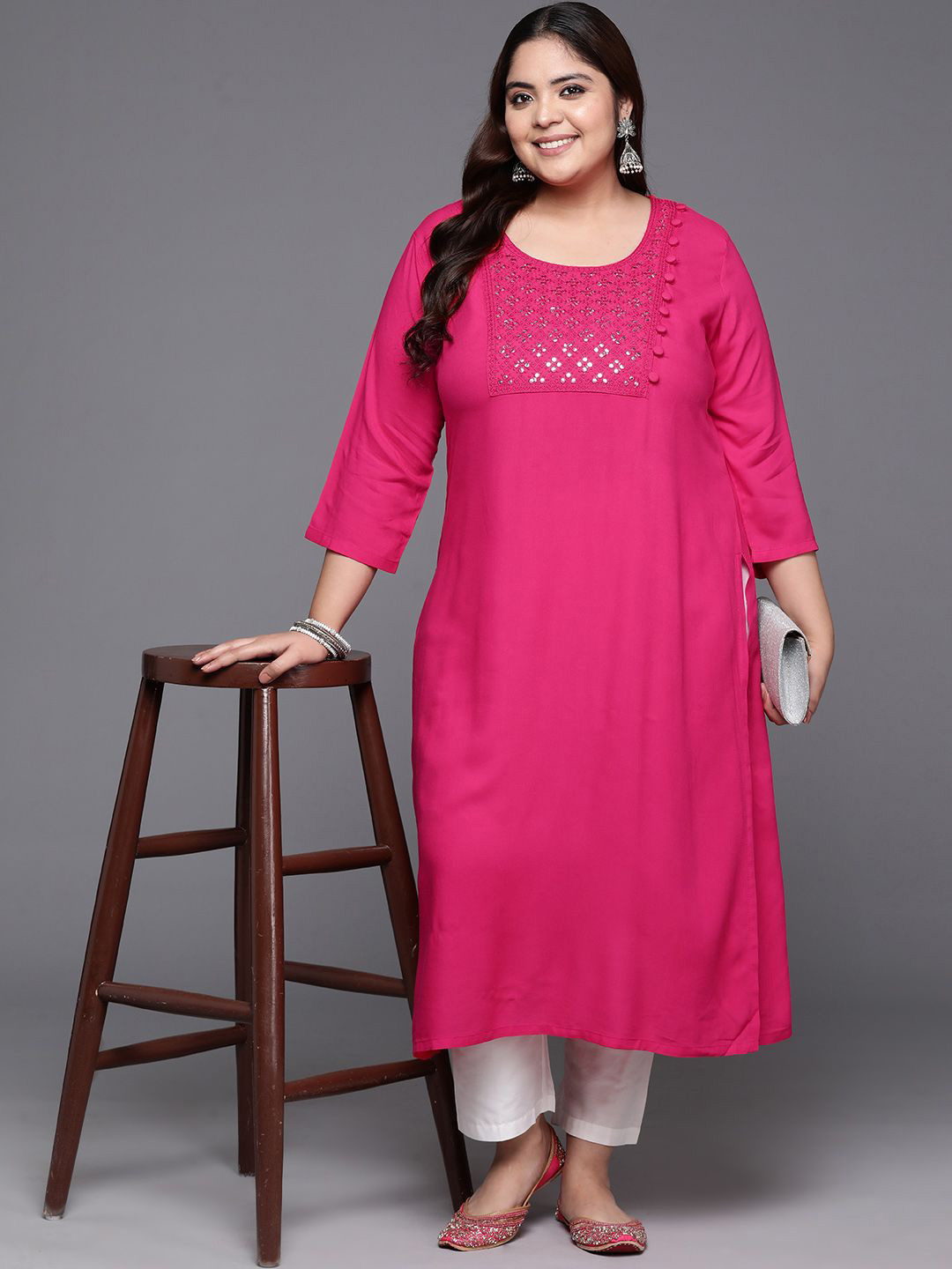 EXTRA LOVE BY LIBAS Plus Size Yoke Design Round Neck Mirror Work Straight Kurta