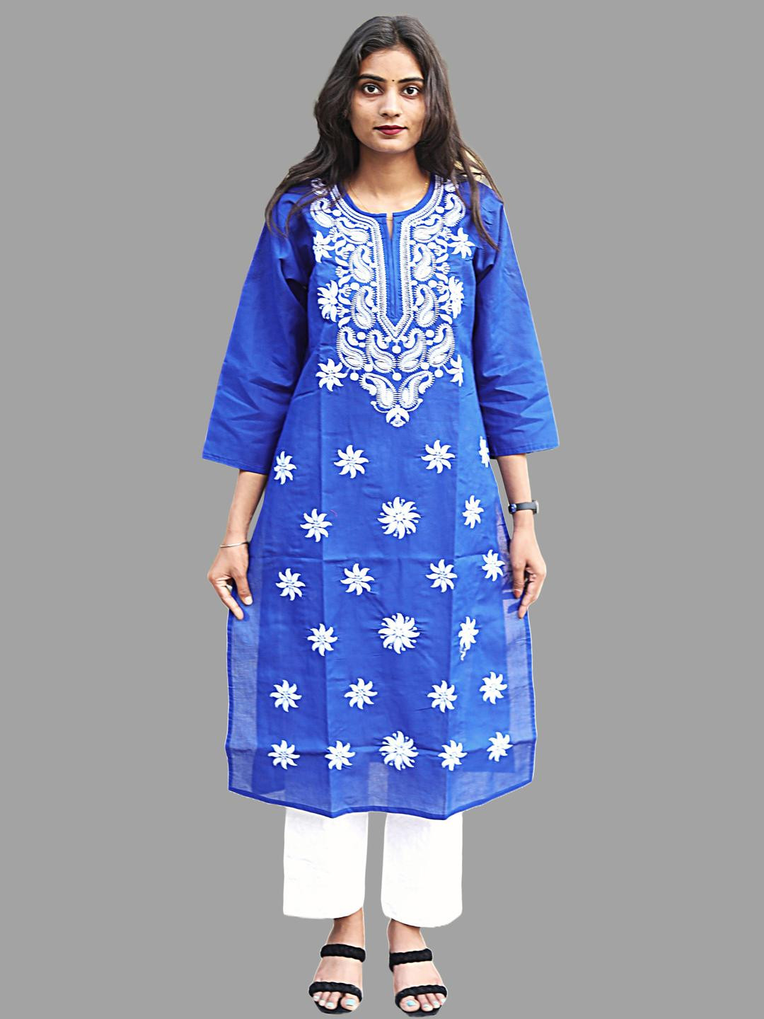 KURTIVERSE Women Blue Pan Knee length Floral Kurti
