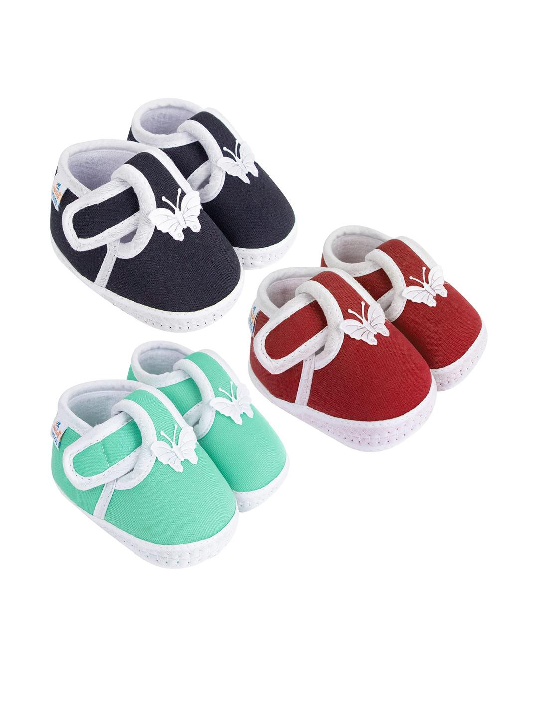 Neska Moda 0 To 12 Months Baby Boys & Baby Girls Set of 3 Pair Soft Cotton Butterfly Velcro Booties (Toe to Heel Length - 12 cm, Black, Maroon, Light Green)