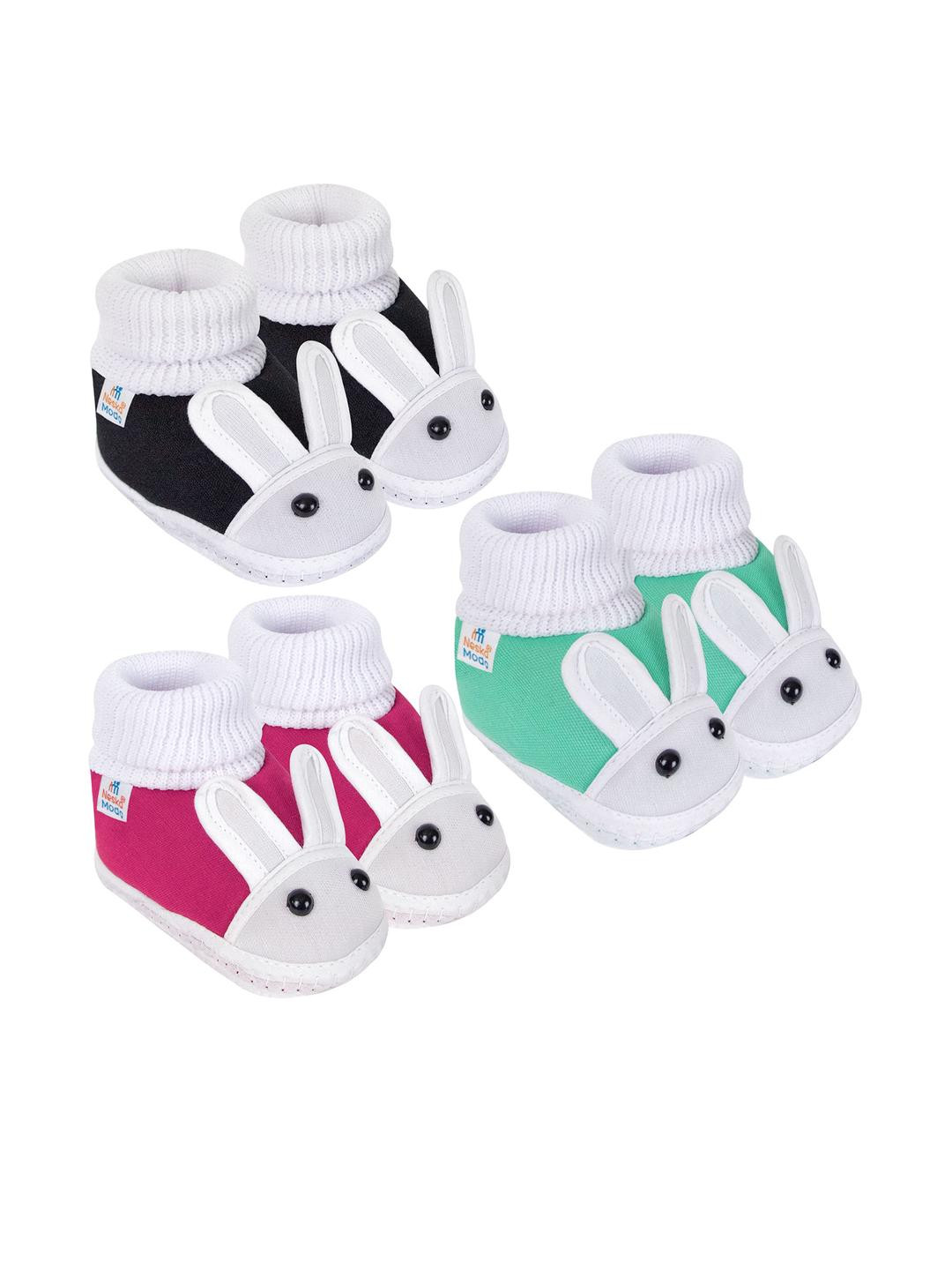 Neska Moda 0 To 6 Months Newborn Baby Boy & Girls 3 Pair Set Cotton Rabbit Slip On Baby Booties (Toe to Heel Length - 10 cm, Black, Rani, Mint)