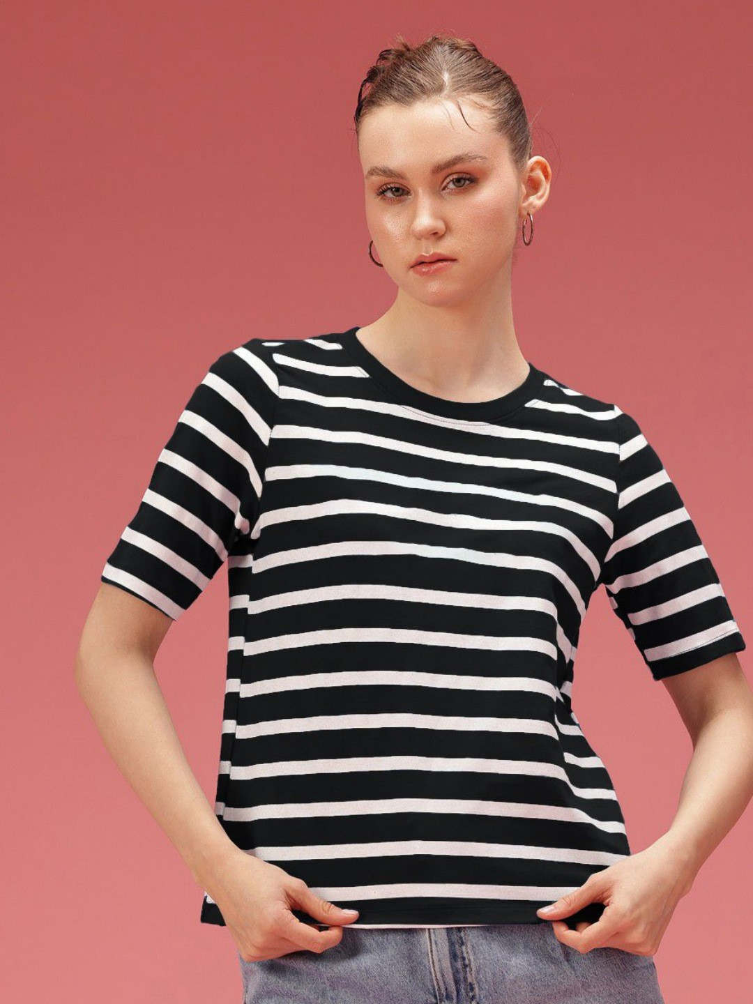 TOGS & TERRE Striped Round Neck Oversized Organic Cotton T-shirt