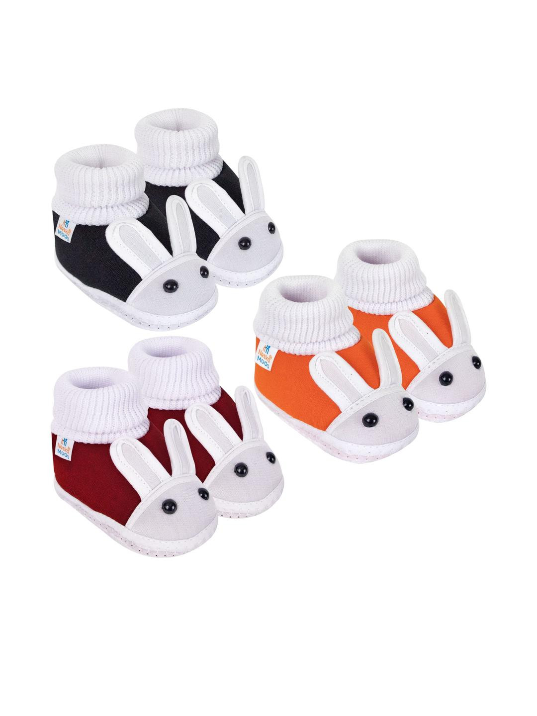 Neska Moda 0 To 12 Months Baby Boys & Baby Girls Combo Pack 3 Pair Soft Cotton Rabbit Face Booties (Toe to Heel Length - 12 cm, Black, Maroon, Orange)
