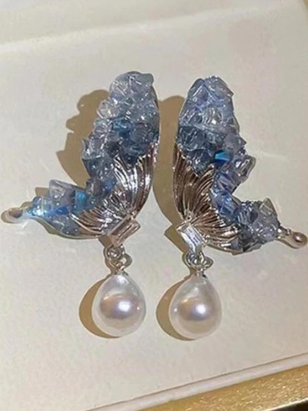 AKISON JEWELS Women Gold-Plated White & Grey Feather Shaped Pearls Drop Earrings