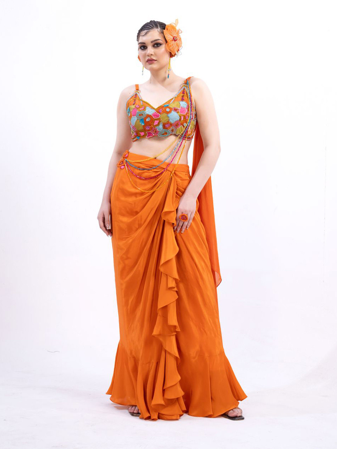 MERGE DESIGN Embroidered Ruffles Saree