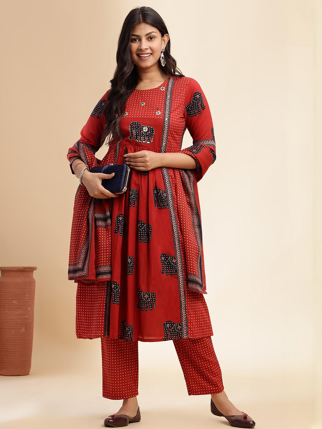 KALINI Women Elephant Printed Cotton Kurta with Trousers & With Dupatta
