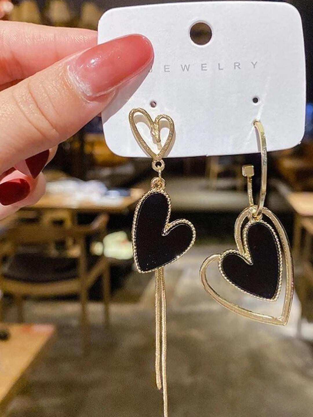 AKISON JEWELS Women Heart Shaped Gold-Plated Black Accents Drop Earrings for Casual Wear