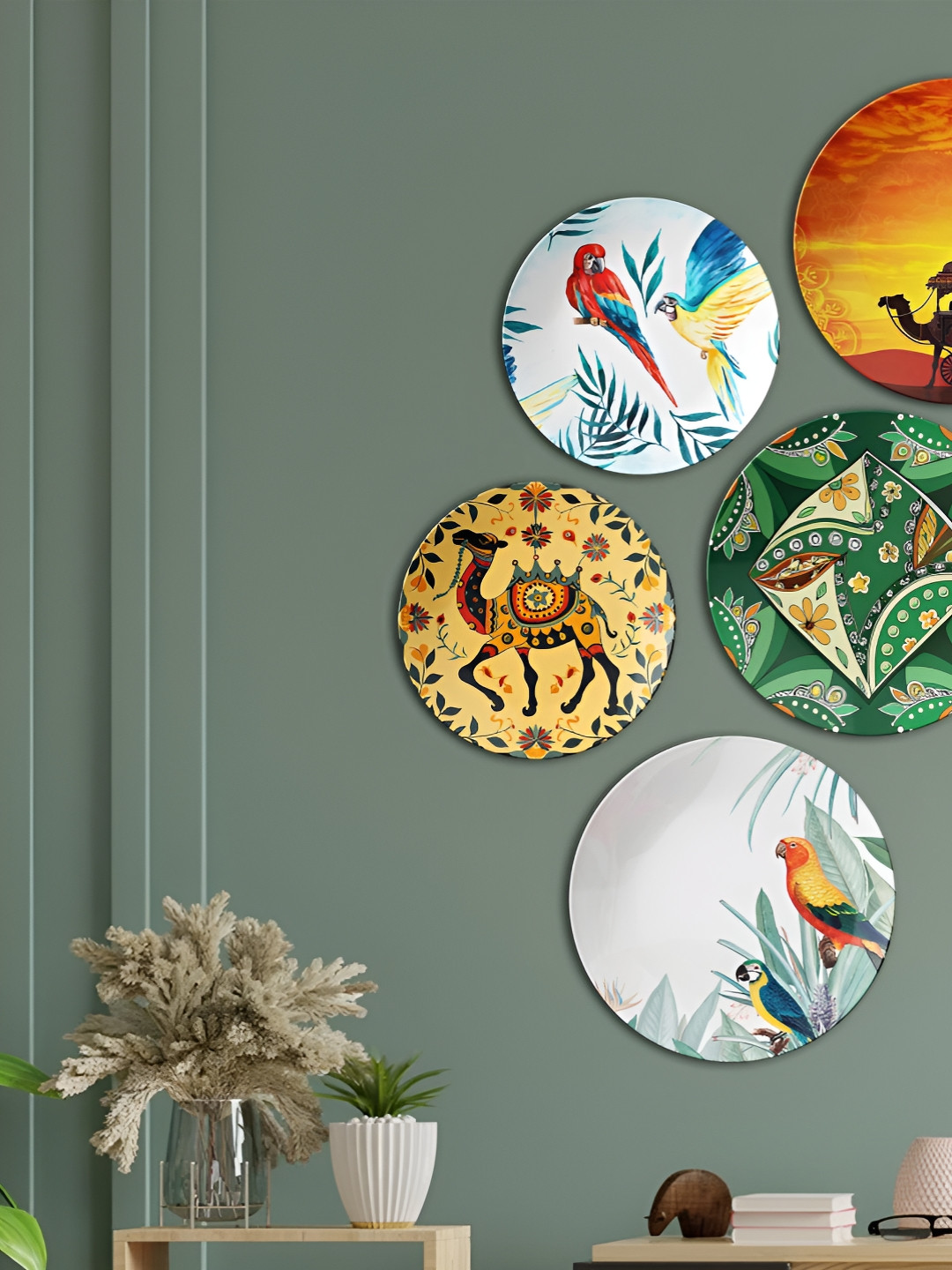 THE QUIRKY HOME Birds and Camels Ceramic Ethnic Motifs Glossy Hall 5Pcs Wall Plates-10In