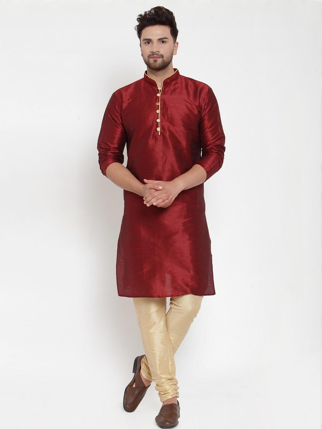 B BEN Mandarin Collar Pure Silk Straight Kurta with Churidar