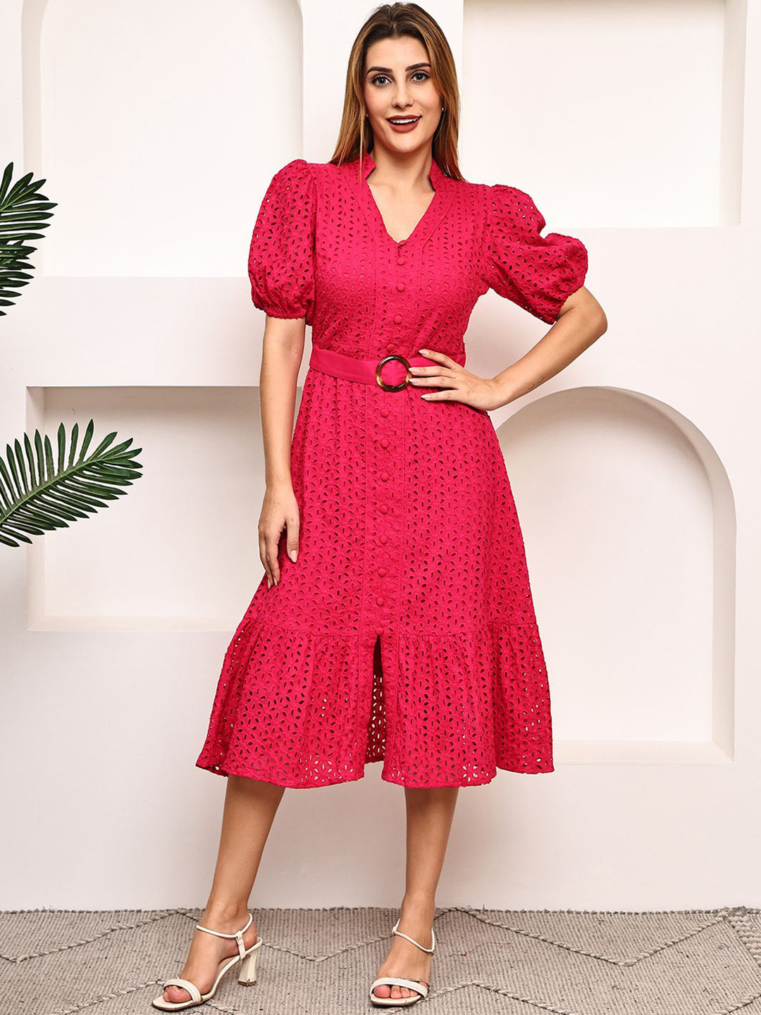 MARC LOUIS Schiffli Belted A-Line Midi Dress