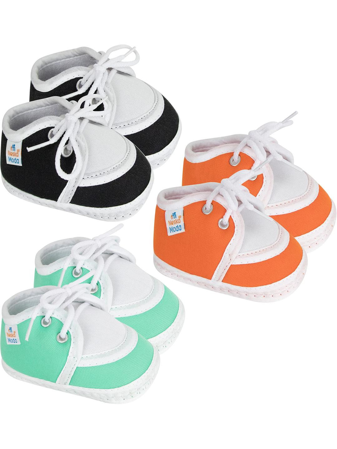 Neska Moda 0 To 12 Months Baby Boys & Baby Girls Set of 3 Pair Combo Soft Cotton Lace Booties (Toe to Heel Length - 12 cm, Black, Light Green, Orange)