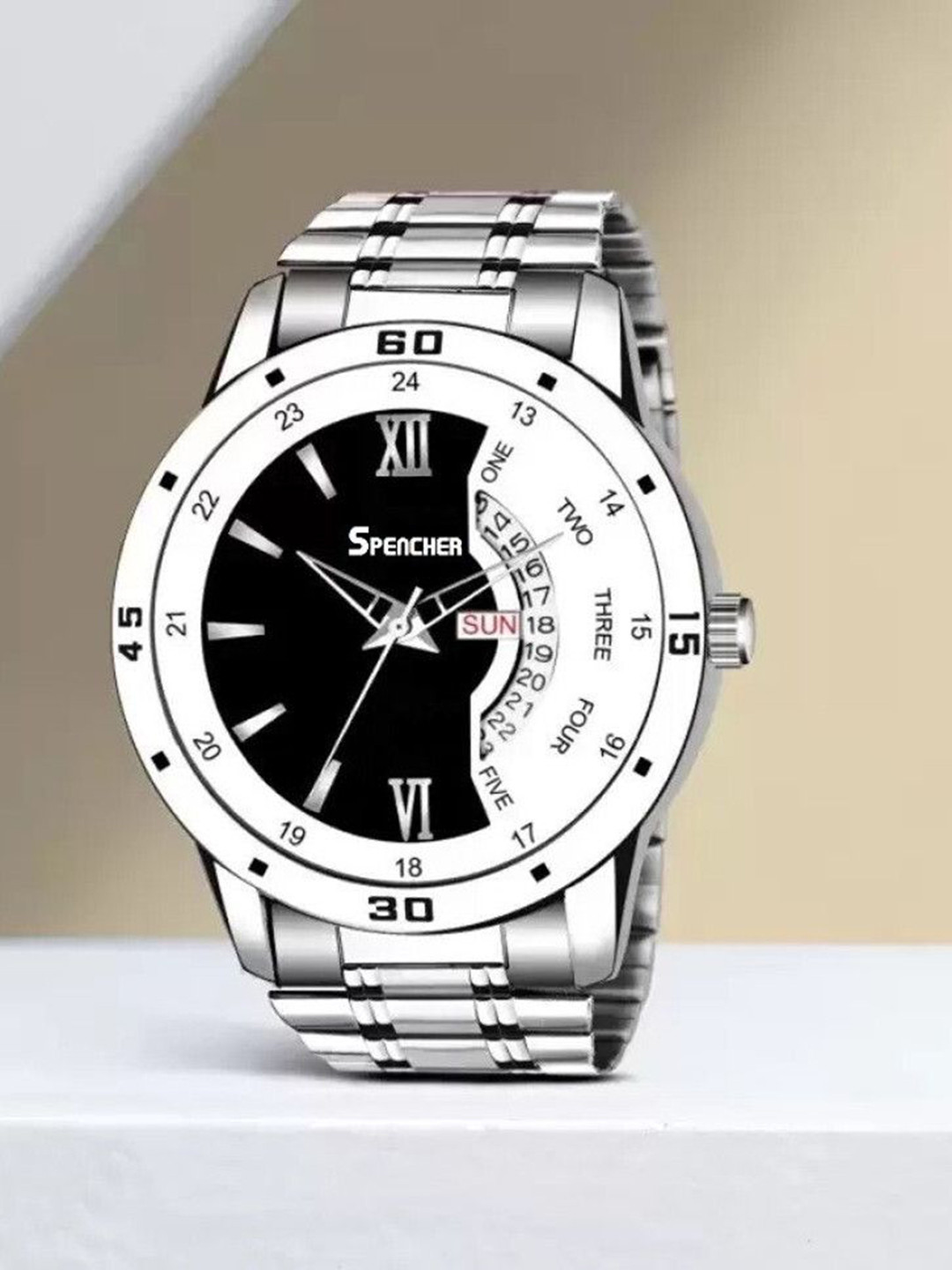 SPENCHER Men Stainless Steel Bracelet Style Straps Analogue Multi Function Watch SW 2Black