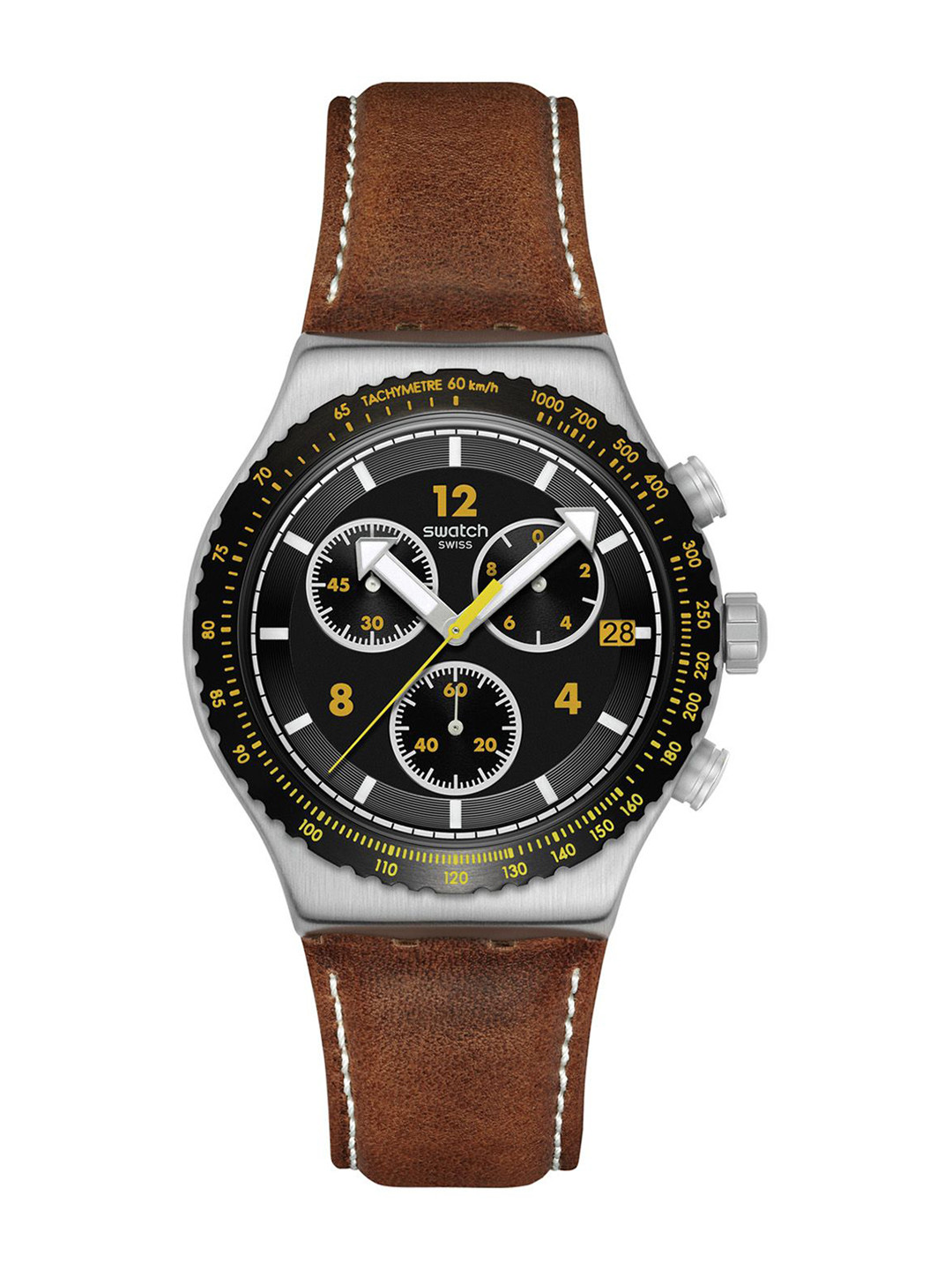 Swatch Men Patterned Dial & Leather Straps Analogue Watch YVS530