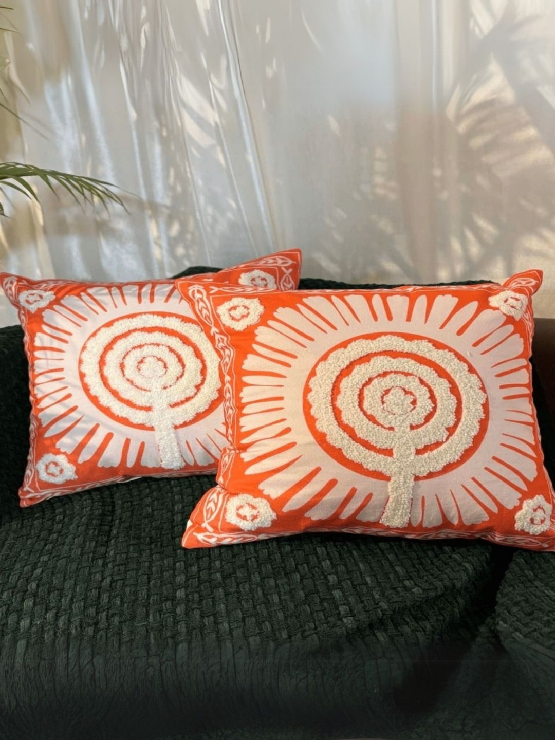 LUSHLYF Marigold Mandala Orange 2 Pieces Embroidery Printed Cotton Square Cushion Covers