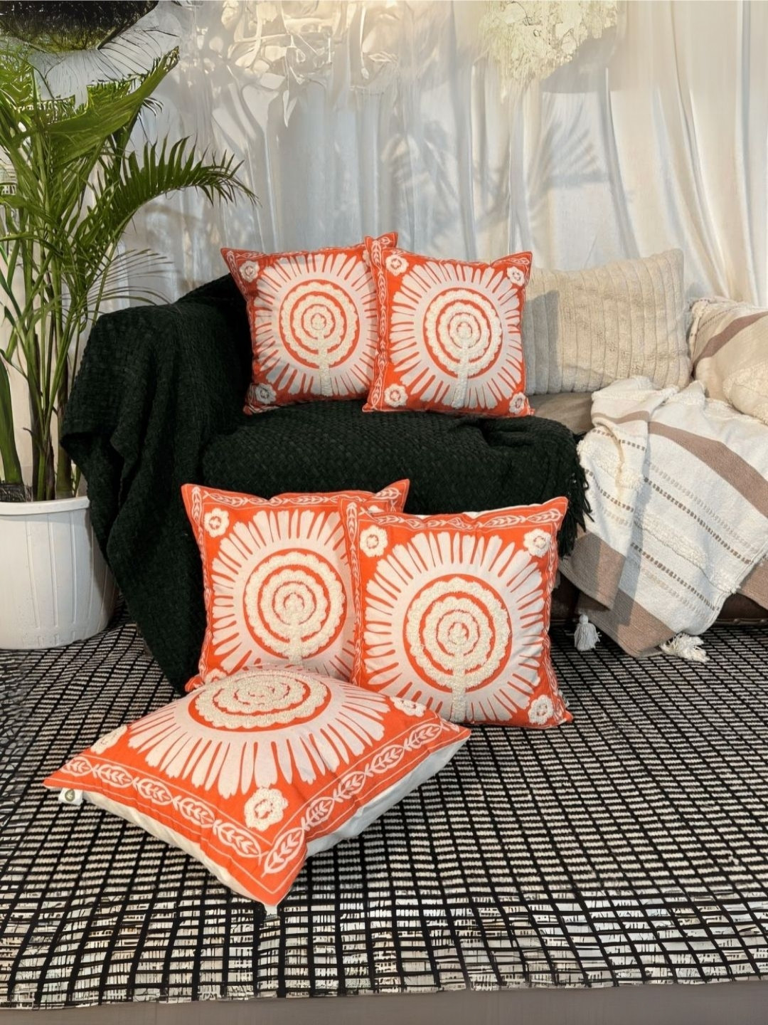 LUSHLYF Marigold Mandala Orange 5 Pieces Embroidered Printed Cotton Square Cushion Covers