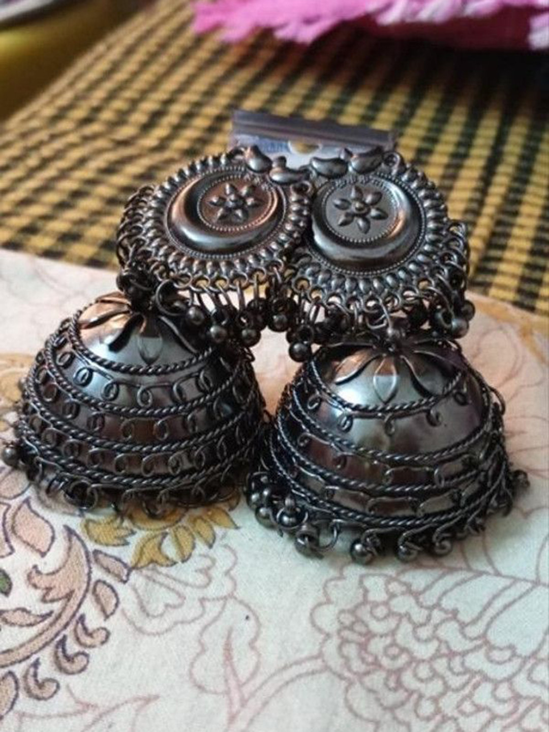 Sangria Silver-Plated Artificial Beaded Dome Shaped Oxidised Jhumkas