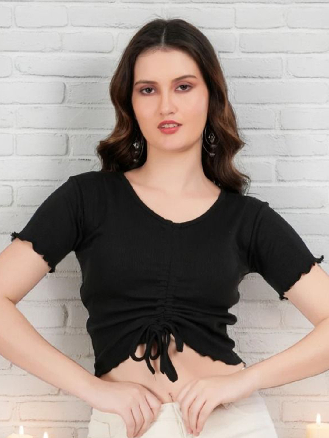 TEEMOODS Women V-Neck Ribbed Cotton Crop Top