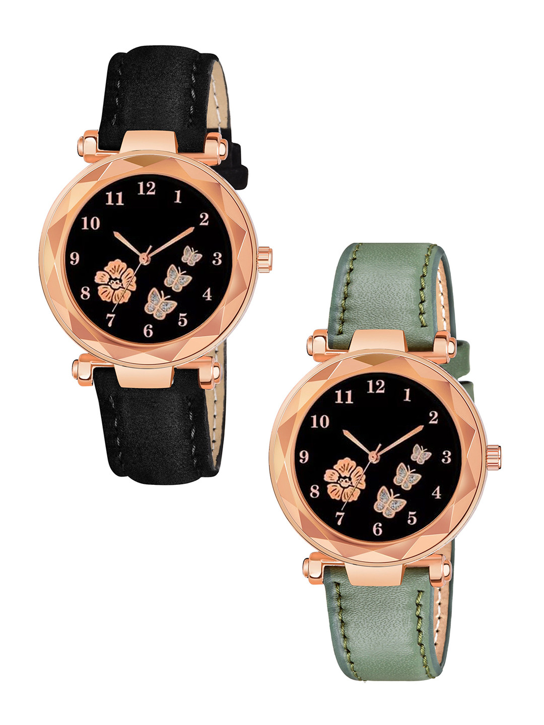 CERO Girls Pack of 2 Leather Straps Multi Function Analogue Watch Com2-FBF223-Green-Black