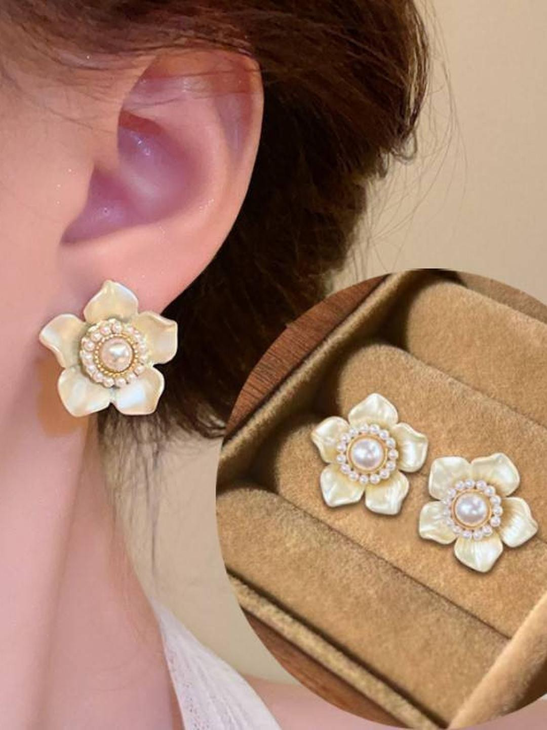AKISON JEWELS Women Gold Plated White Floral Pearls Earrings