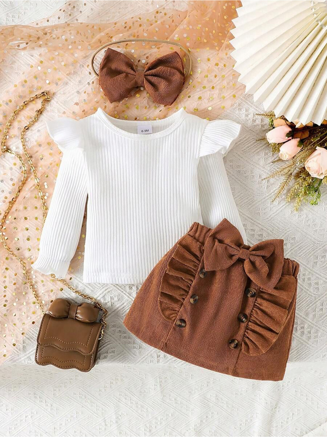 NABBU Girls Striped Long Sleeves Top With Shorts With Matching Headband