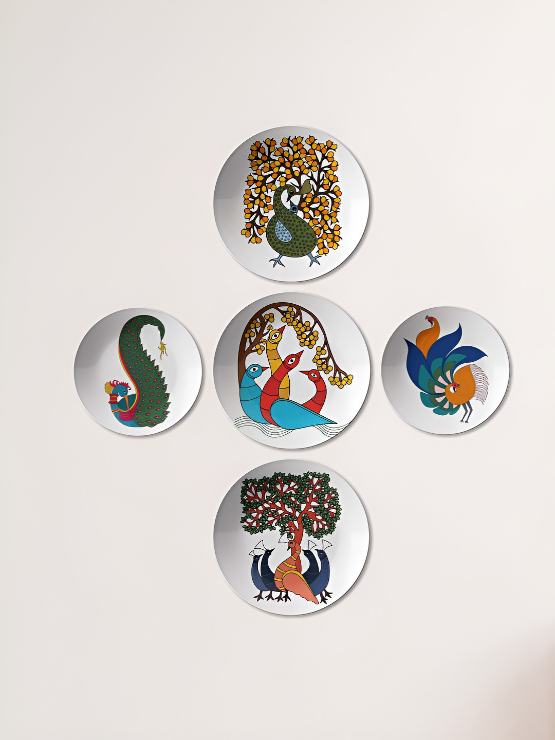 THE QUIRKY HOME Vibrant Peacock Tales of Madhubani Glossy 5Pcs Wall Plates-10In