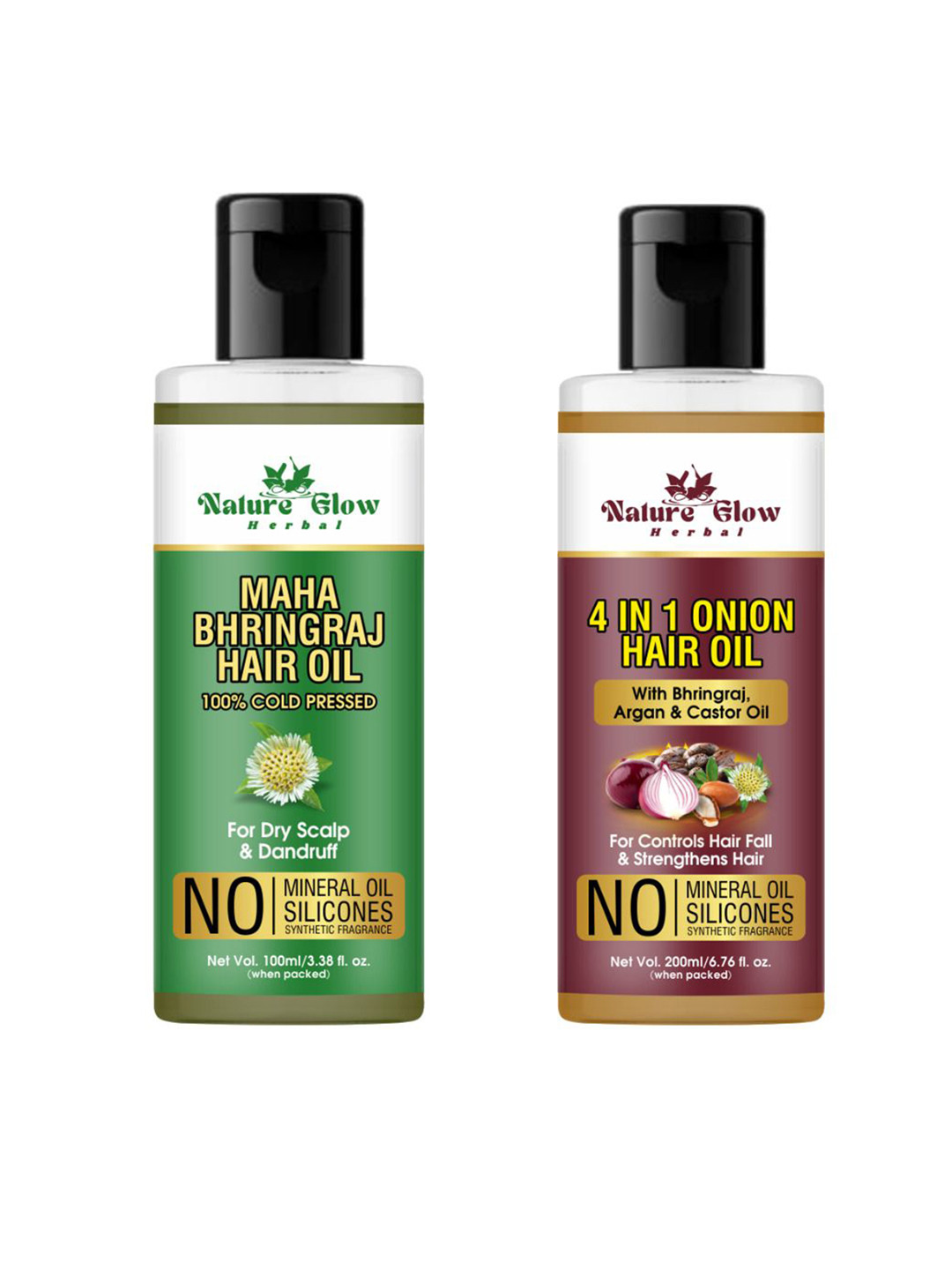 Nature Glow Herbal Set Of 2 Maha Bhringraj & 4 In 1 Onion Hair Oil - 100 ml Each