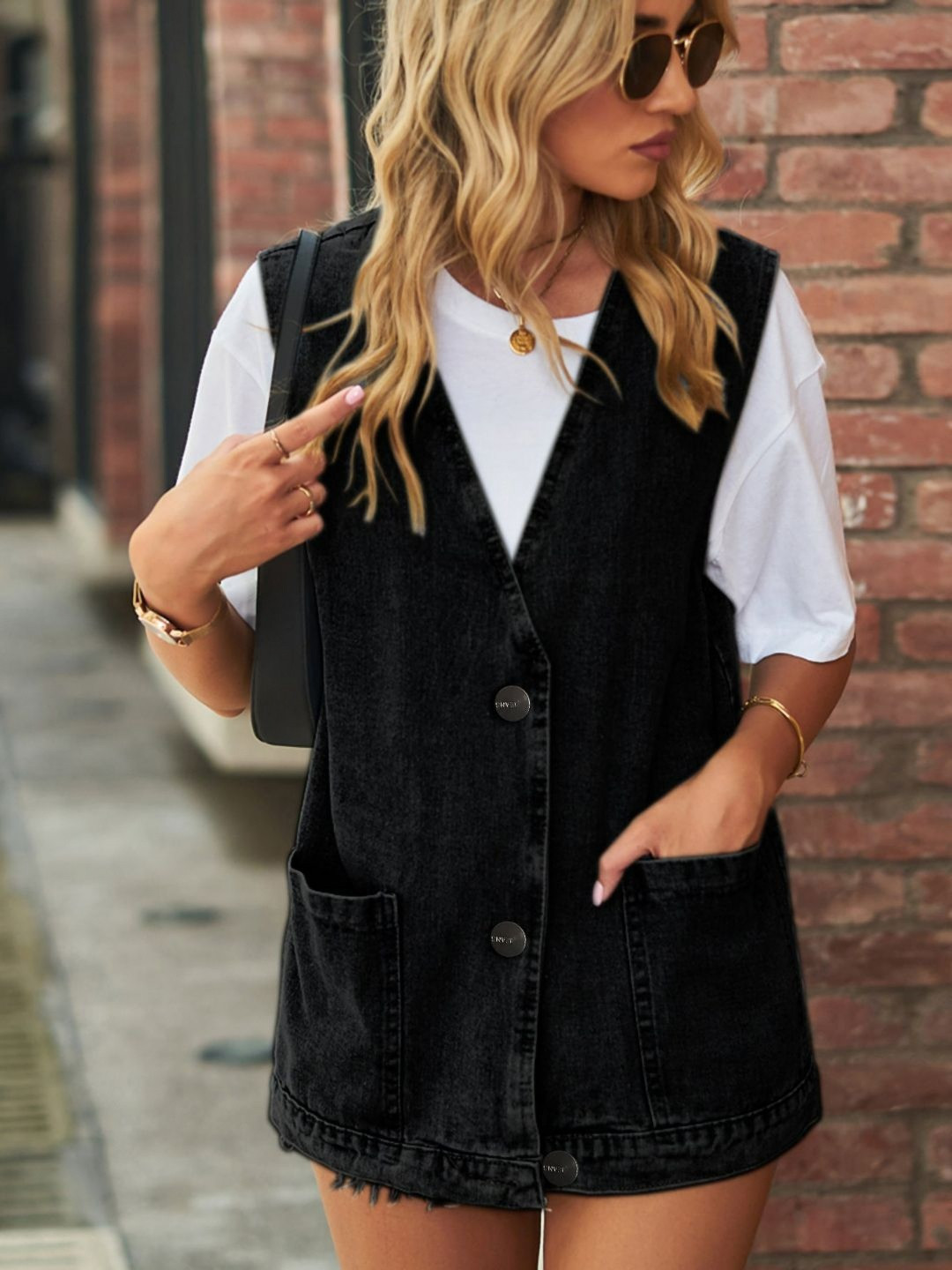 Oh Rare Collarless Utility Pockets Denim Jacket