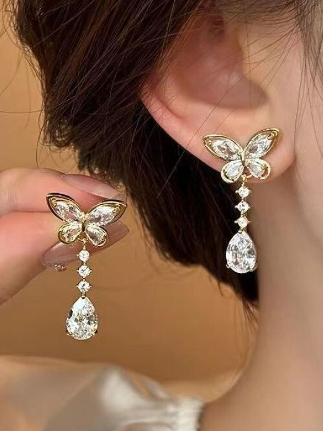 AKISON JEWELS Gold-Tone Butterfly Crystal Drop Statement Earrings
