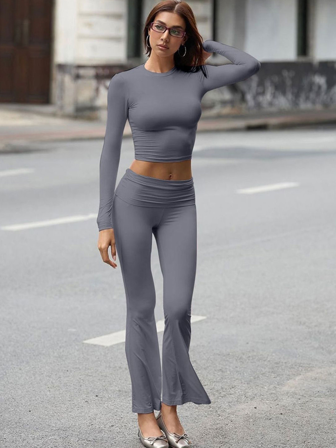 Grey Solid Top with Leggings Co-Ords
