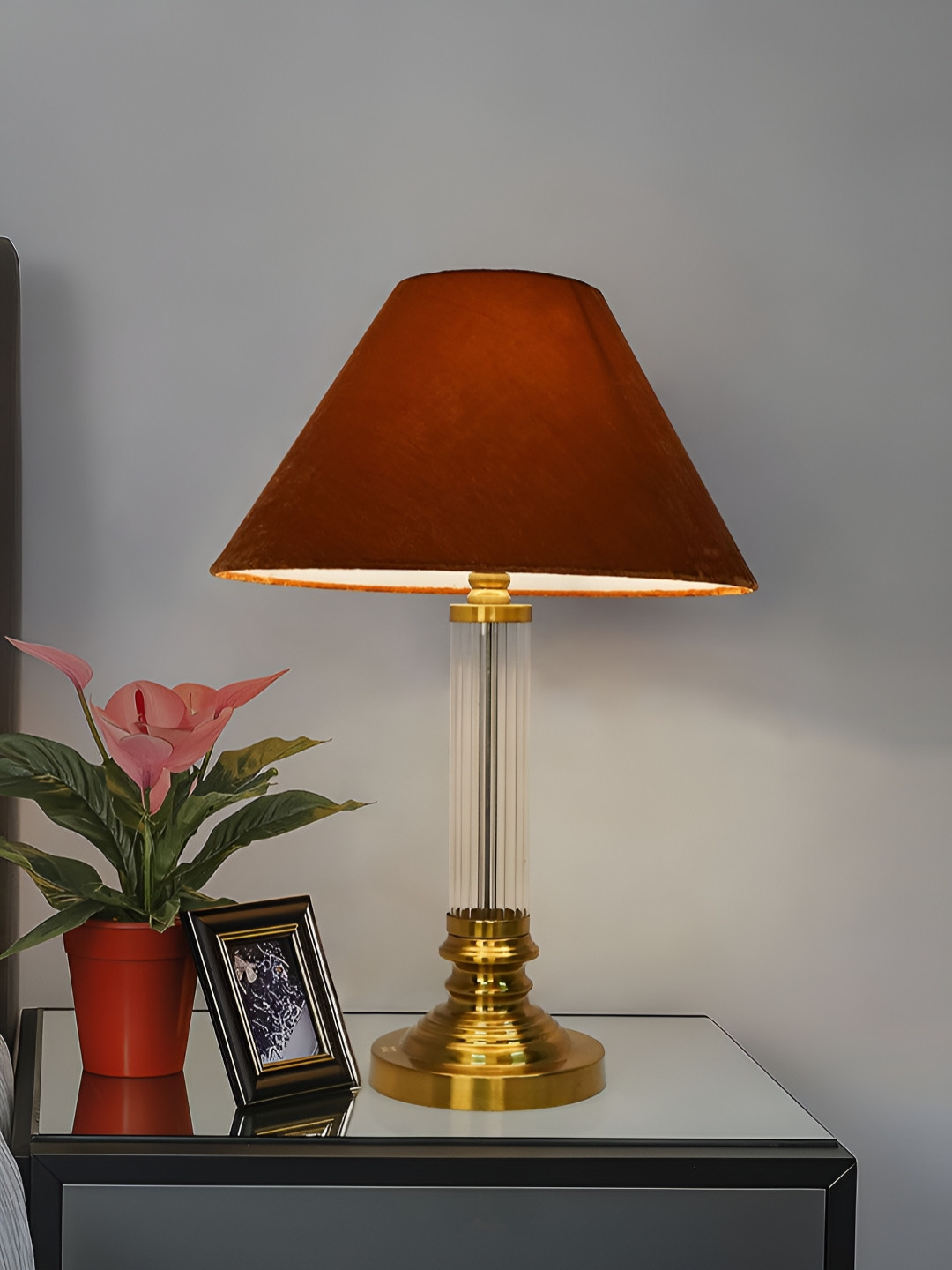 Fos Lighting Gold-Toned & Orange Colored Glass Velvet FrustumShaped Table Lamp
