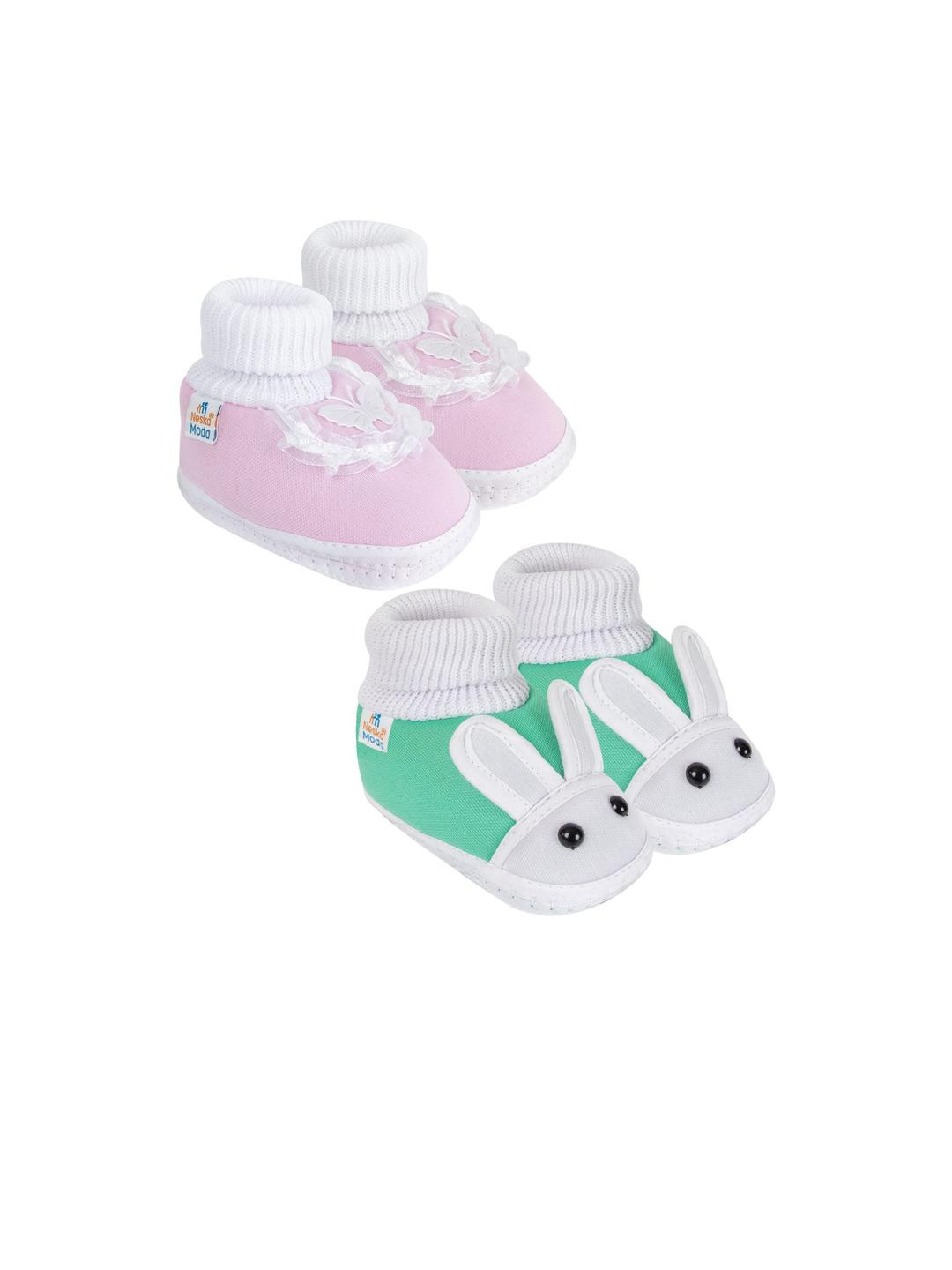 Neska Moda 3 To 12 Months Cotton Baby Booty 2 Pair Combo Skin Friendly Butterfly Rabbit Booties (Toe to Heel Length - 12 cm, Baby Pink, Mint)