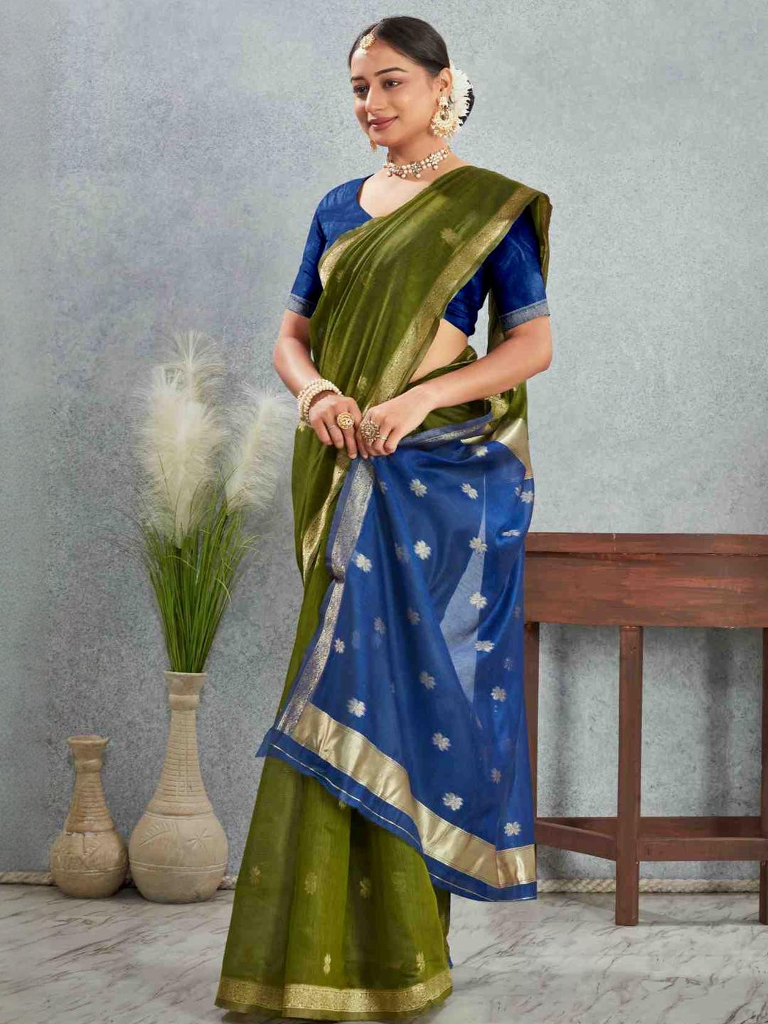 AQUILIQ Green and Blue Woven Design Zari Banarasi Silk Cotton Saree