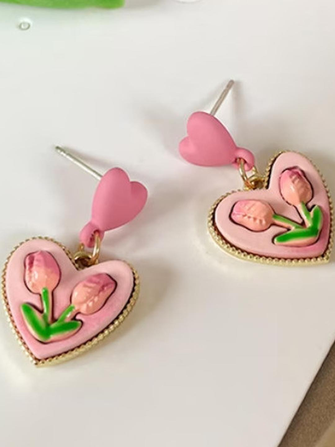 AKISON JEWELS Pink Heart Studs Earrings