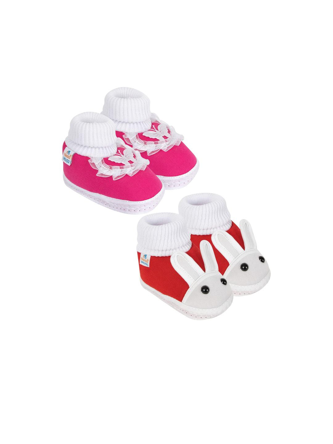 Neska Moda 12 To 18 Month Non Slip Set of 2 Pair Cotton Butterfly Frill and Rabit Face Baby Booties (Toe to Heel Length - 14 cm, Rani, Red)