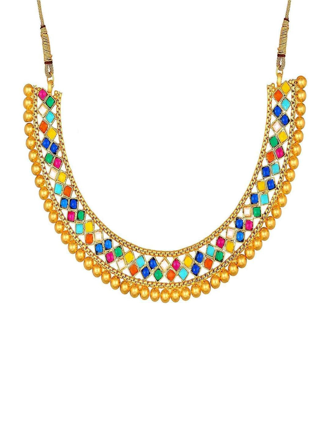 KRISHIKA JWELLERY Women Gold Plated Multicolor Stone Studded Choker with Earrings