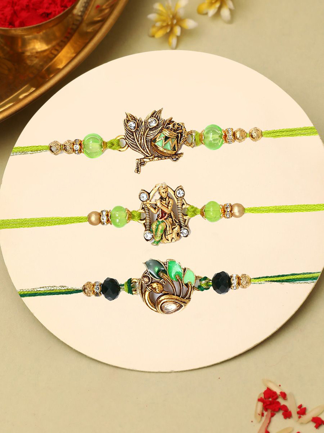 The Purple Tree Set Of 3 Stones Studded & Beaded Kanha Ji Thread Rakhis With Roli Chawal