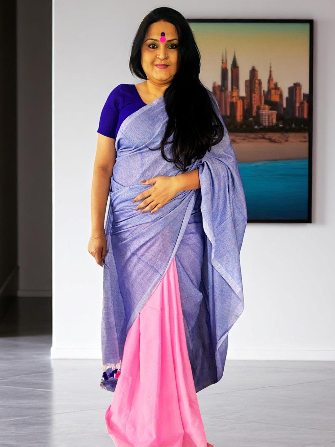 PRETANSHAH NeelGulabi Women Pure Cotton Saree
