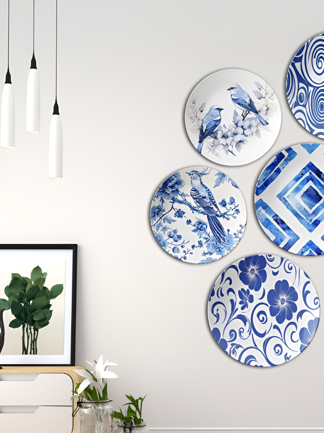 THE QUIRKY HOME Shades of Blue Ceramic Floral Glossy Hanging Hall 5Pcs Wall Plates-10In