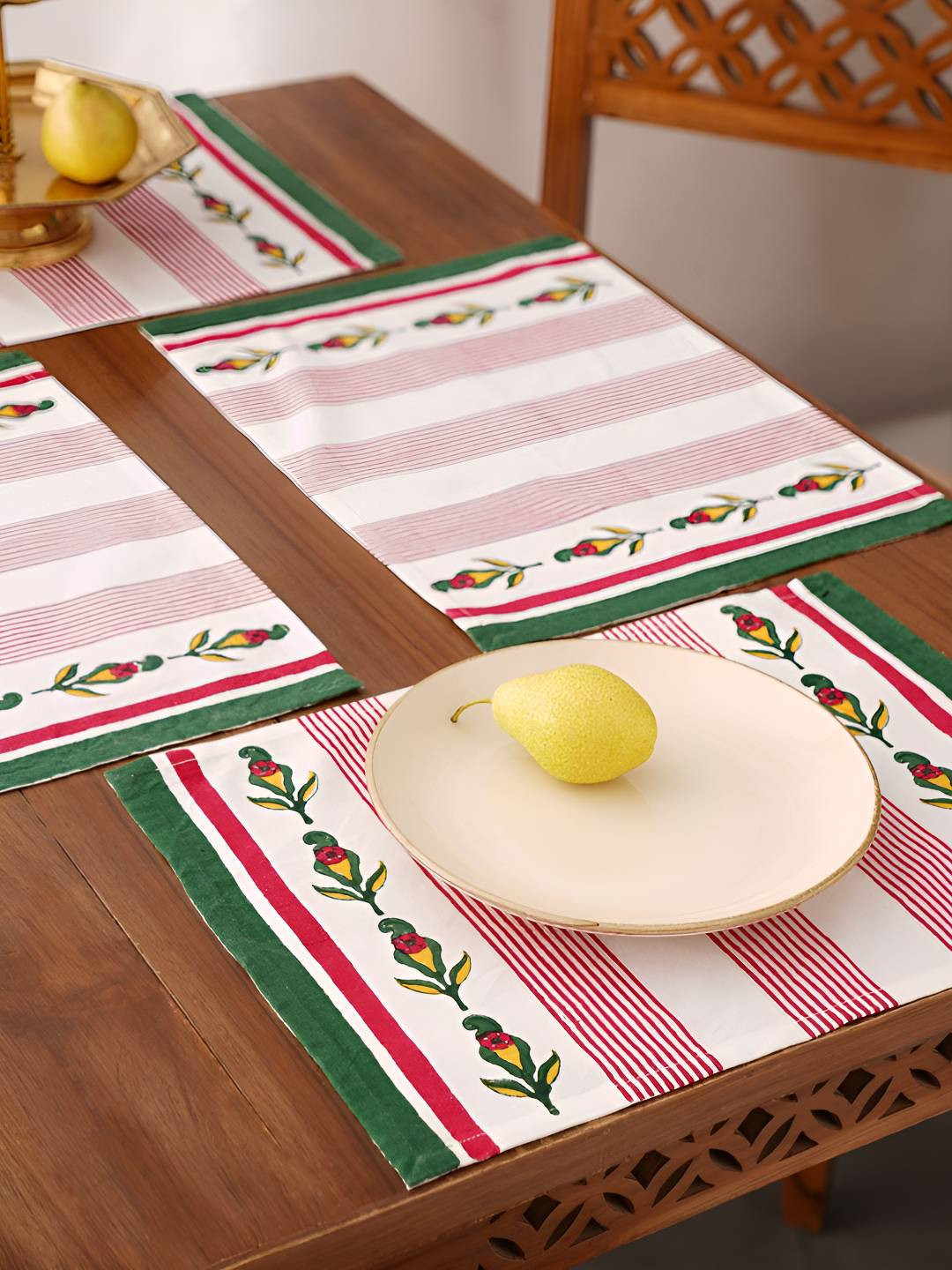 JAYPORE 4Pcs White & Green Printed Rectangle Table Cotton Placemats