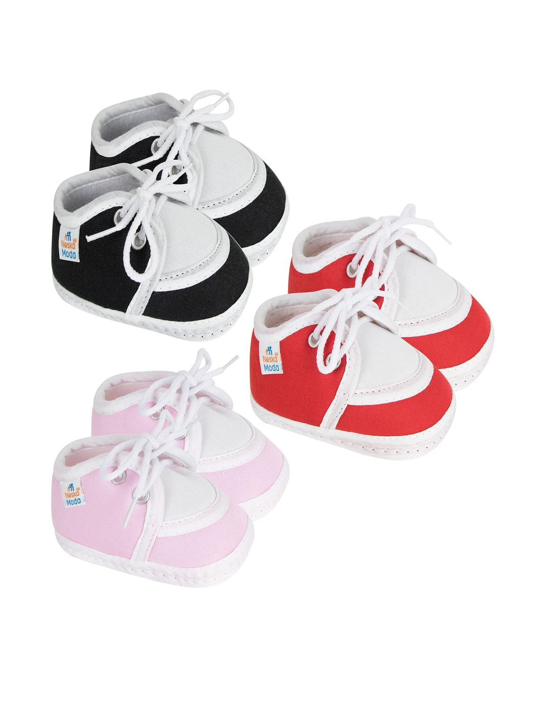 Neska Moda 12 To 18 Months Non Slip Baby Boys & Girls Pack of 3 Pair Cotton Lace Baby Booties (Toe to Heel Length - 14 cm, Black, Red, Baby Pink)