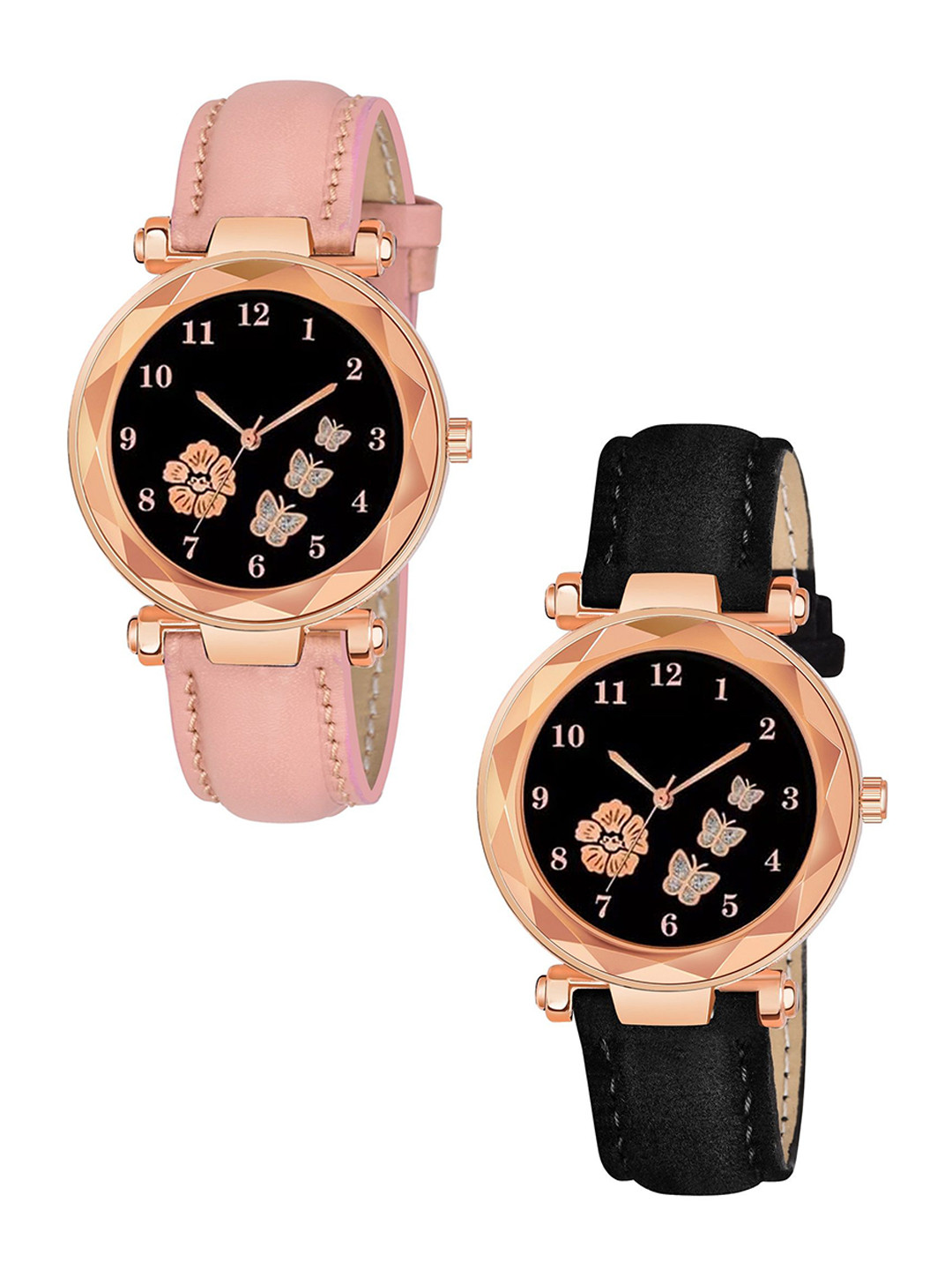 CERO Girls Set Of 2 Leather Straps Analogue Multi Function Watch Com2-FBF223-Black-Pink