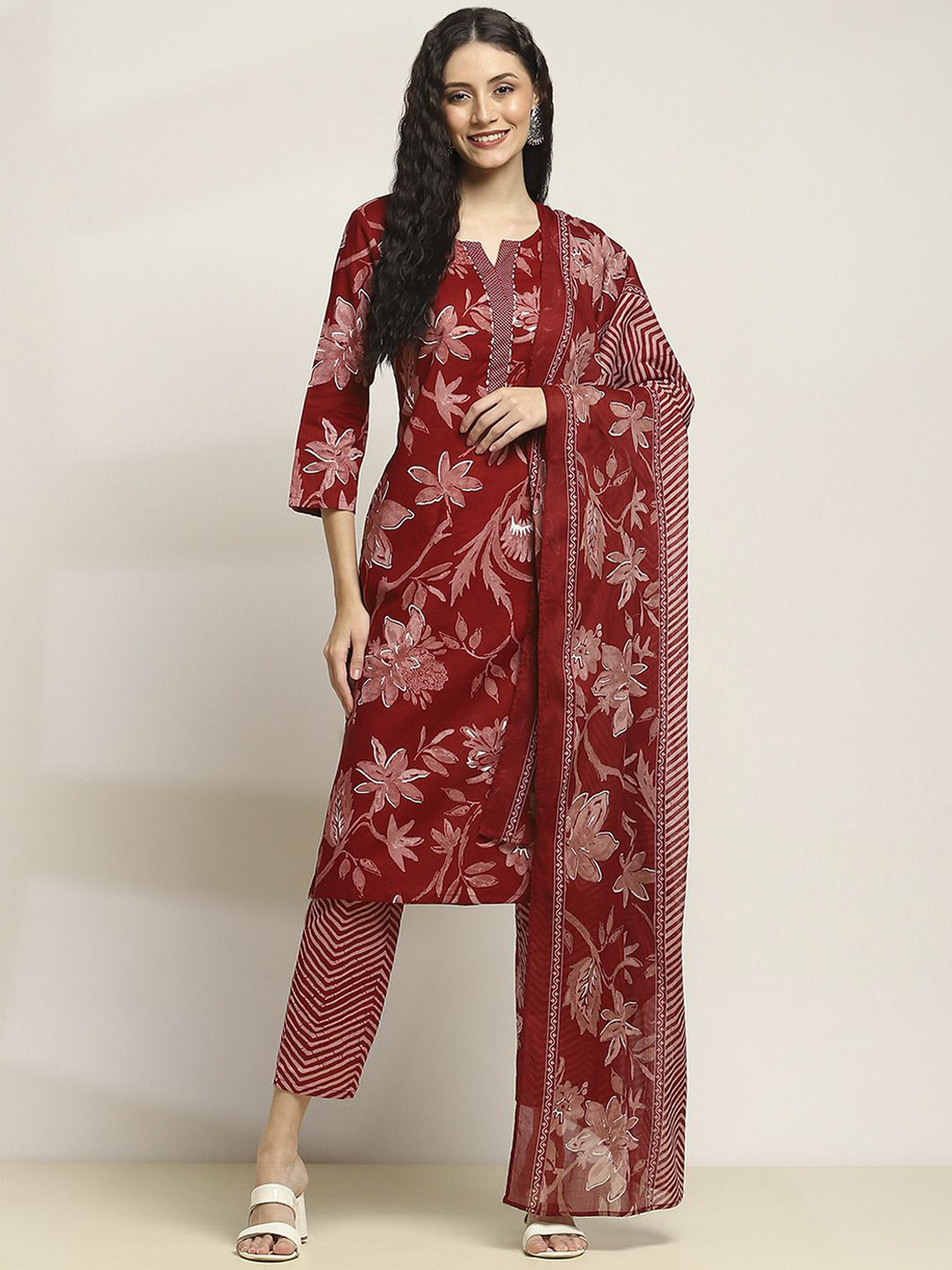 Rangriti Floral Printed Pure Cotton Kurta With Trousers & Dupatta