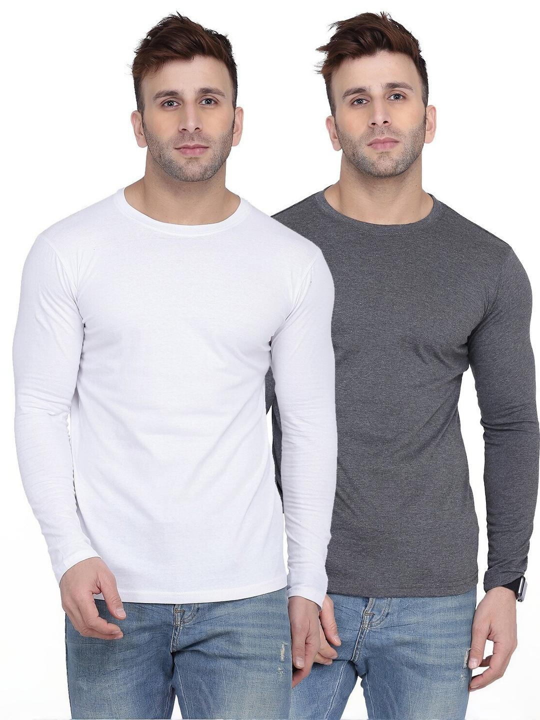 Kroptee Men White & Grey Pack Of 2 Long Sleeves Casual T-shirt