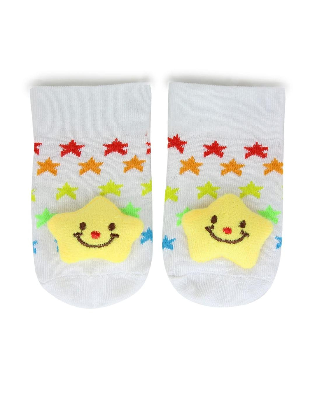 Neska Moda 6 To 12 Months Cotton Star Face Baby Ankle Socks/ Booties (Toe to Heel Length - 12 cm, White, Yellow)