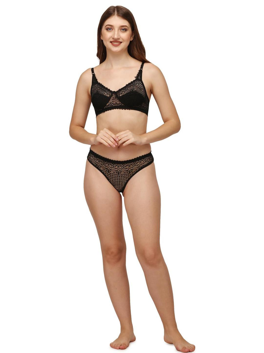 Bra & Panty Set Self Design Black Lingerie Set