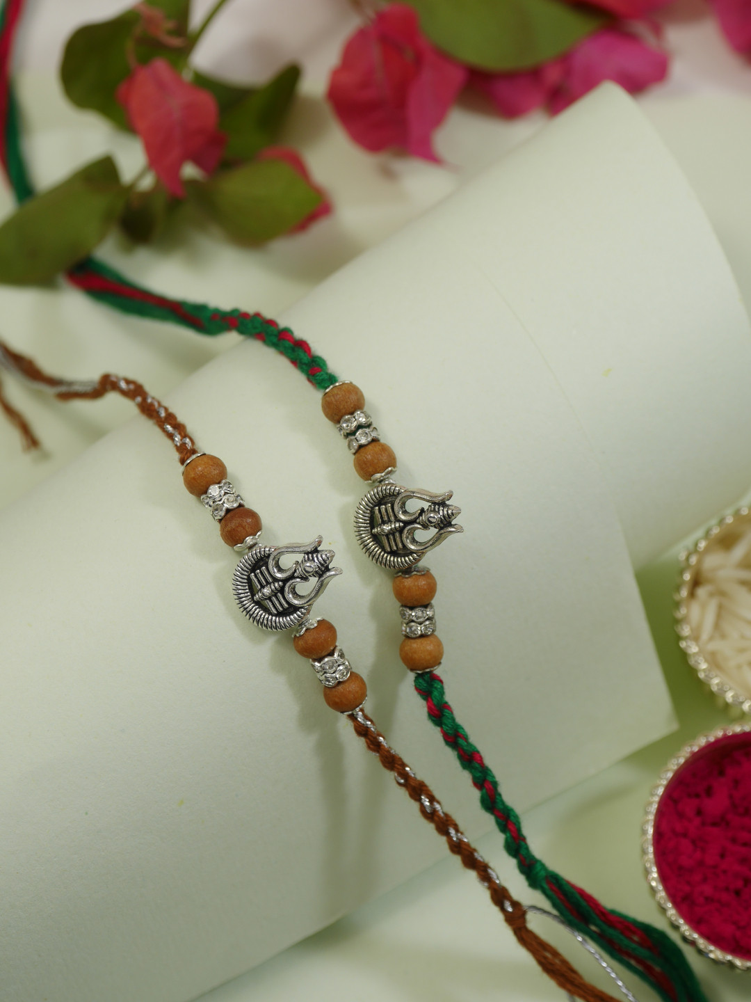 I Jewels Set Of 2 Unique Trishul Design Thread Rakhi With Roli Chawal